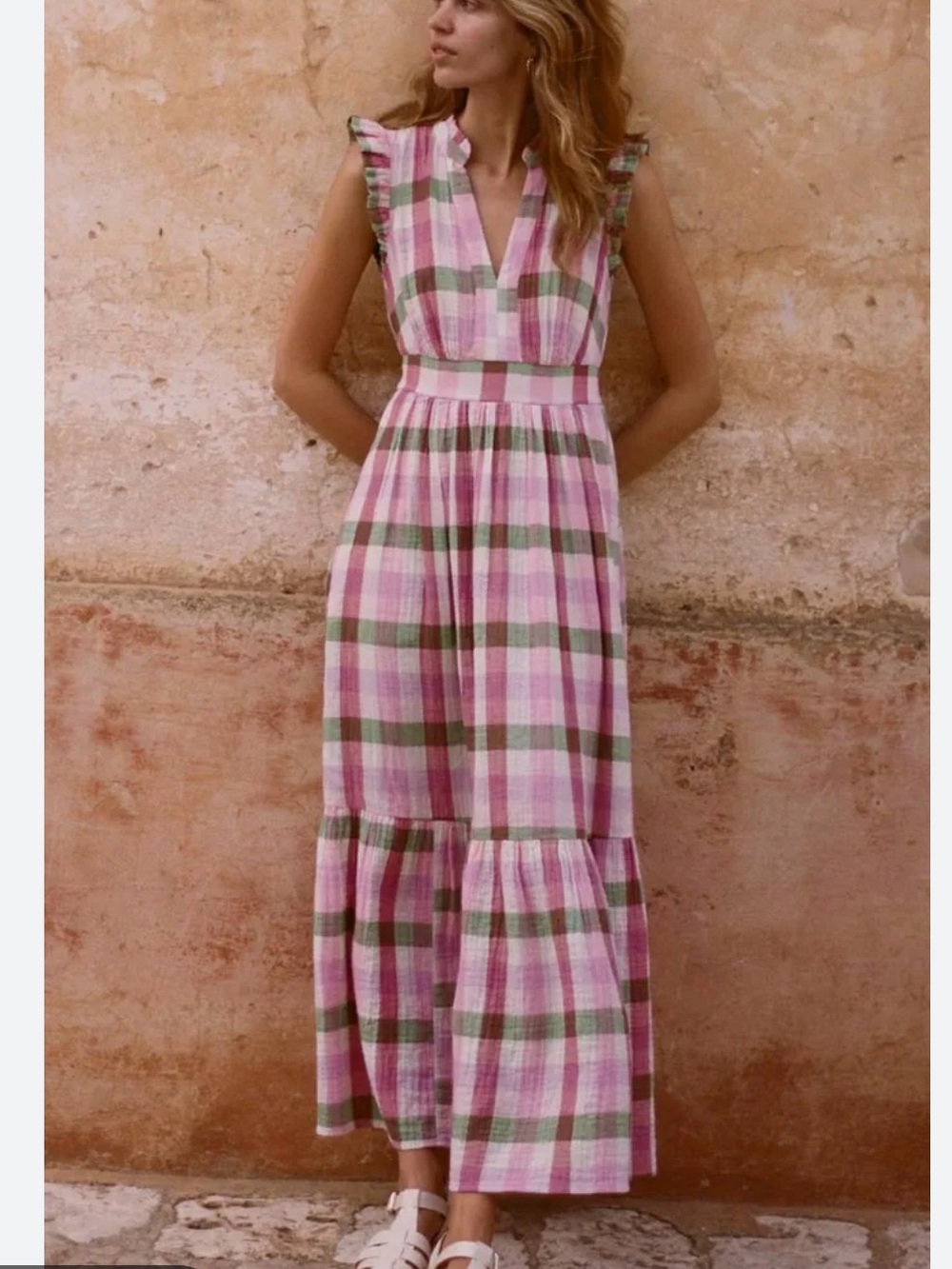 Boden Pink, White & Olive Plaid Maxi Dress with Ruffle Shoulders